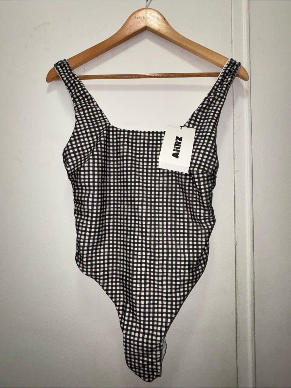 NWT Aiirz black and white gingham one-piece swimsuit ruched sides Large